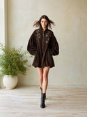Women's Dark Brown Suede-Look Zip-Front Mini Dress With Floral Embroidery And Balloon Sleeves ZMZ1643J2YZH