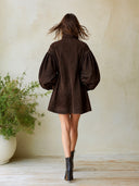 Women's Dark Brown Suede-Look Zip-Front Mini Dress With Floral Embroidery And Balloon Sleeves ZMZ1643J2YZH