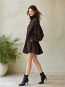 Women's Dark Brown Suede-Look Zip-Front Mini Dress With Floral Embroidery And Balloon Sleeves ZMZ1643J2YZH
