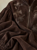 Women's Dark Brown Suede-Look Zip-Front Mini Dress With Floral Embroidery And Balloon Sleeves ZMZ1643J2YZH