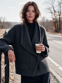 Women’s American Retro Casual Style Gray Chunky Rib Knit Shawl Collar Wrap Knit Cardigan ZMZ1629J6ZYY