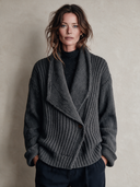 Women’s American Retro Casual Style Gray Chunky Rib Knit Shawl Collar Wrap Knit Cardigan ZMZ1629J6ZYY