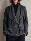 Women’s American Retro Casual Style Gray Chunky Rib Knit Shawl Collar Wrap Knit Cardigan ZMZ1629J6ZYY