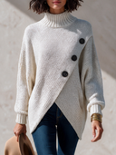 Women’s Classic Casual Knit Turtleneck Sweater With Asymmetric Wrap Hem And Button Detail, Oversized Long Sleeve Pullover ZMZ1644J8ZYY