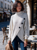 Women’s Classic Casual Knit Turtleneck Sweater With Asymmetric Wrap Hem And Button Detail, Oversized Long Sleeve Pullover ZMZ1644J8ZYY