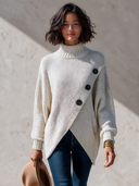 Women’s Classic Casual Knit Turtleneck Sweater With Asymmetric Wrap Hem And Button Detail, Oversized Long Sleeve Pullover ZMZ1644J8ZYY