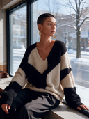 Women’s Classic Casual V-Neck Fuzzy Knit Pullover Sweater Black Beige Geometric Colorblock Long Sleeve ZMZ1631J1ZYY