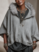 Women’s American Retro Casual Style Grey Ribbed Knit Hooded Zip Cardigan With Faux Fur Trim, Batwing Sleeves ZMZ1610J9ZYY
