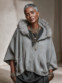 Women’s American Retro Casual Style Grey Ribbed Knit Hooded Zip Cardigan With Faux Fur Trim, Batwing Sleeves ZMZ1610J9ZYY