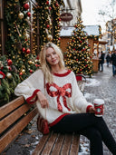 Women's Retro Casual Knitted Christmas Sequin Bow Round Neck Pullover Flared Sleeve Sweater ZMZ1676J1ZJY