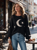 Women’s American Retro Casual Style Moon And Star Knit Pullover Sweater With Open-Knit Shoulders And Balloon Sleeves ZMZ1683J2ZYY