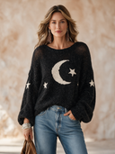 Women’s American Retro Casual Style Moon And Star Knit Pullover Sweater With Open-Knit Shoulders And Balloon Sleeves ZMZ1683J2ZYY