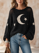 Women’s American Retro Casual Style Moon And Star Knit Pullover Sweater With Open-Knit Shoulders And Balloon Sleeves ZMZ1683J2ZYY