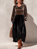 Women’s American-Style Vintage Elegance Velvet Cowl Neck Leopard Print Patchwork Black Maxi Dress With Long Balloon Sleeves ZMZ1692J7ZYY