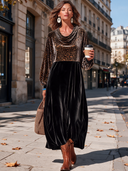 Women’s American-Style Vintage Elegance Velvet Cowl Neck Leopard Print Patchwork Black Maxi Dress With Long Balloon Sleeves ZMZ1692J7ZYY