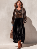 Women’s American-Style Vintage Elegance Velvet Cowl Neck Leopard Print Patchwork Black Maxi Dress With Long Balloon Sleeves ZMZ1692J7ZYY