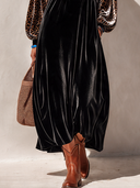 Women’s American-Style Vintage Elegance Velvet Cowl Neck Leopard Print Patchwork Black Maxi Dress With Long Balloon Sleeves ZMZ1692J7ZYY