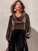 Women’s American-Style Vintage Elegance Velvet Cowl Neck Leopard Print Patchwork Black Maxi Dress With Long Balloon Sleeves ZMZ1692J7ZYY