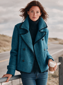 Women’s American Retro Casual Style Teal Blue Herringbone Tweed Double-Breasted Cropped Pea Jacket With Contrast Piping ZMZ1697J9ZYY