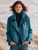 Women’s American Retro Casual Style Teal Blue Herringbone Tweed Double-Breasted Cropped Pea Jacket With Contrast Piping ZMZ1697J9ZYY