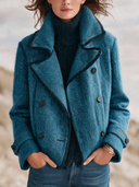 Women’s American Retro Casual Style Teal Blue Herringbone Tweed Double-Breasted Cropped Pea Jacket With Contrast Piping ZMZ1697J9ZYY