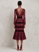 Women’s French-Style Elegant V-Neck Burgundy Lace And Sequin Midi Dress ZMZ1910J5XT