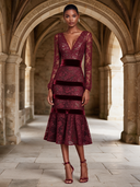 Women’s French-Style Elegant V-Neck Burgundy Lace And Sequin Midi Dress ZMZ1910J5XT