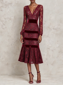 Women’s French-Style Elegant V-Neck Burgundy Lace And Sequin Midi Dress ZMZ1910J5XT