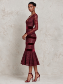 Women’s French-Style Elegant V-Neck Burgundy Lace And Sequin Midi Dress ZMZ1910J5XT