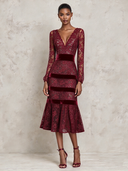 Women’s French-Style Elegant V-Neck Burgundy Lace And Sequin Midi Dress ZMZ1910J5XT