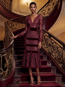 Women’s French-Style Elegant V-Neck Burgundy Lace And Sequin Midi Dress ZMZ1910J5XT