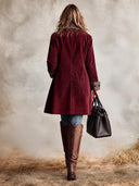 Women’s American Western Vintage Burgundy Faux Suede Mid-Length Button Coat With Leopard Print Lining And Patch Pockets ZMZ1971J5ZYY