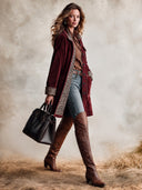 Women’s American Western Vintage Burgundy Faux Suede Mid-Length Button Coat With Leopard Print Lining And Patch Pockets ZMZ1971J5ZYY