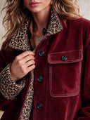 Women’s American Western Vintage Burgundy Faux Suede Mid-Length Button Coat With Leopard Print Lining And Patch Pockets ZMZ1971J5ZYY
