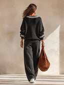 Women's Oversized Black V-Neck Knit Sweater With Greek Key Trim - Casual Drop Shoulder Pullover ZMZ1947J2ZYY