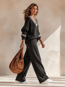 Women's Oversized Black V-Neck Knit Sweater With Greek Key Trim - Casual Drop Shoulder Pullover ZMZ1947J2ZYY