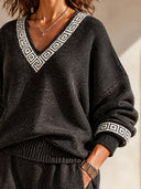 Women's Oversized Black V-Neck Knit Sweater With Greek Key Trim - Casual Drop Shoulder Pullover ZMZ1947J2ZYY