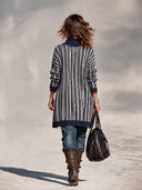 Women’s American Retro Casual Style Navy & Ivory Striped Longline Knit Zip-Up Cardigan With Ribbed Stand Collar ZMZ1957J5ZYY