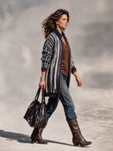 Women’s American Retro Casual Style Navy & Ivory Striped Longline Knit Zip-Up Cardigan With Ribbed Stand Collar ZMZ1957J5ZYY