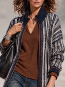 Women’s American Retro Casual Style Navy & Ivory Striped Longline Knit Zip-Up Cardigan With Ribbed Stand Collar ZMZ1957J5ZYY