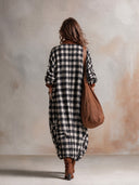 Women’s American Retro Casual Style Black And White Gingham Maxi Dress With Brown Faux Suede Half-Zip Stand Collar ZMZ1918J0ZYY