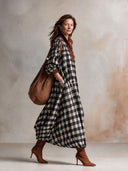 Women’s American Retro Casual Style Black And White Gingham Maxi Dress With Brown Faux Suede Half-Zip Stand Collar ZMZ1918J0ZYY