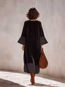 Women’s French-Style Vintage Elegance Black Velvet Maxi Dress With Polka Dot Flared Cuffs And Hem, Loose Long Sleeve Dress ZMZ1975J0ZYY