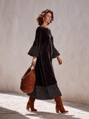 Women’s French-Style Vintage Elegance Black Velvet Maxi Dress With Polka Dot Flared Cuffs And Hem, Loose Long Sleeve Dress ZMZ1975J0ZYY