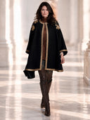 Women’s French-Style Vintage Elegance Black Open-Front Cape Coat With Gold Floral Shoulder Embroidery And Metallic Braid Trim ZMZ1928J7ZYY