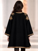 Women’s French-Style Vintage Elegance Black Open-Front Cape Coat With Gold Floral Shoulder Embroidery And Metallic Braid Trim ZMZ1928J7ZYY