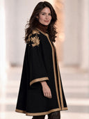 Women’s French-Style Vintage Elegance Black Open-Front Cape Coat With Gold Floral Shoulder Embroidery And Metallic Braid Trim ZMZ1928J7ZYY