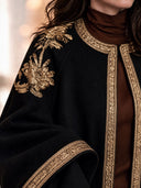 Women’s French-Style Vintage Elegance Black Open-Front Cape Coat With Gold Floral Shoulder Embroidery And Metallic Braid Trim ZMZ1928J7ZYY