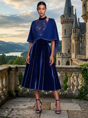Elegant Women’s Royal Blue Velvet Midi Dress And Chiffon Bolero Two-piece Set ZMZ1920J0XT