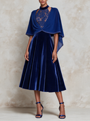 Elegant Women’s Royal Blue Velvet Midi Dress And Chiffon Bolero Two-piece Set ZMZ1920J0XT